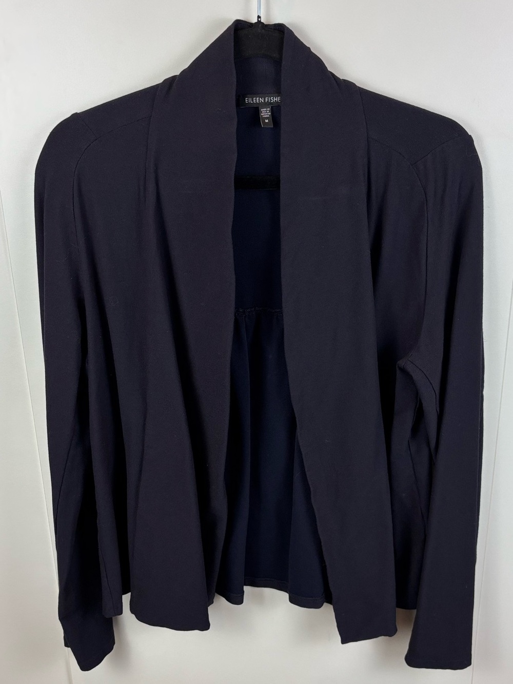 Eileen Fisher Navy Blue Open Cardigan sz M Pleated Back Detail Shawl Collar